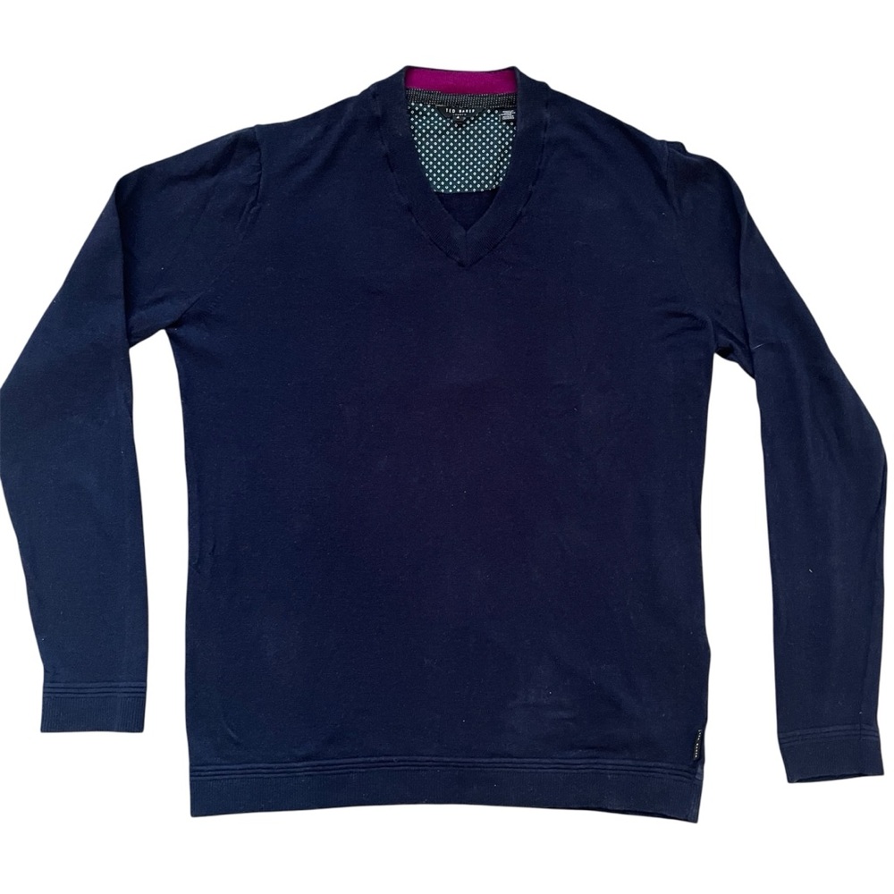 Ted Baker London Navy V-Neck Sweater Wool Silk Cashmere pullover - Picture 3 of 10